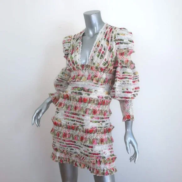 Zimmermann Billows Smocked Mini Dress White Floral Print Linen-Silk Size 1 - Picture 3 of 8